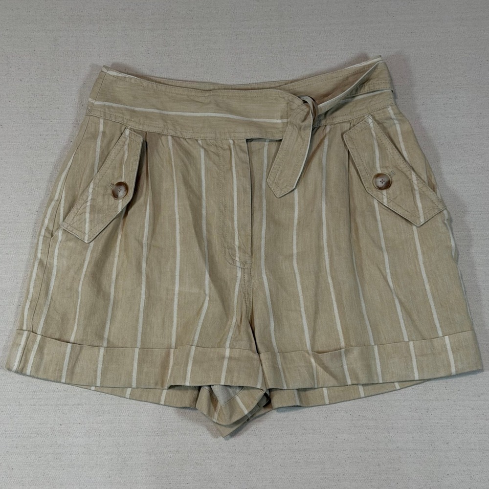 Sezane Striped Linen Blend High Waist Belted Shorts Tan White Size 36 US 4